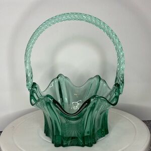 Fenton Glass Green Vulcan Basket Twisted Handle Art